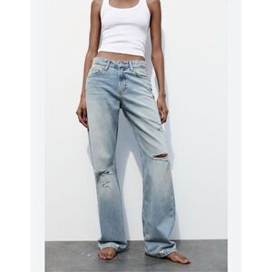 Zara TRF Ripped Wide Leg Straight Jeans Raw Hem, Size 4 Mid-rise